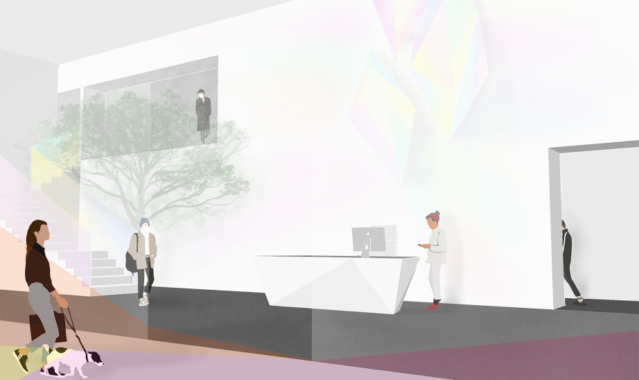 Interior Perspective: Entrance to Lower building from canopy walkway, exhibiting modern holographic furnishings in a calm reception area that manages access to the private recording studio facilities