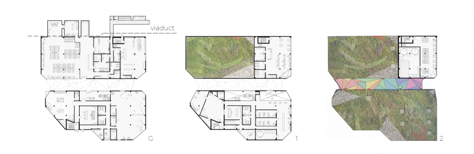 1:200 Ground, First and Second Floor Plans: Showing ground floor plan working into the viaduct space from restaurant and ground floor creative shop, first floor coffee shop and recording studio facility with exhibition space to the right of the lower building, landscaped green roof with study space on the top level of the upper building