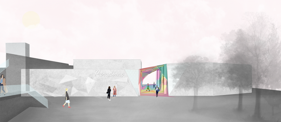 1:200 Elevation of the South East Facade: Exhibiting flexible wall space with the option to create changing visual interest and branding for Paradime restaurant, landscaping to seperate main road and reworked slope access around existing lift