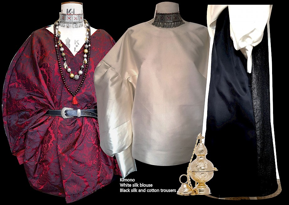 Kimono, silk blouse and cotton & silk trousers