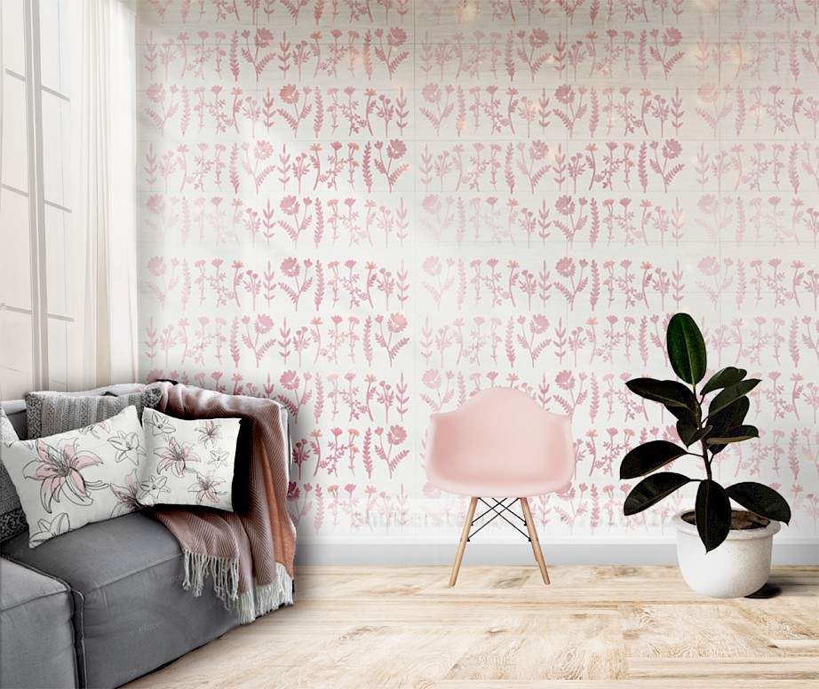 'Pretty in Pink' Wallpaper & Cushions - Room mock up.