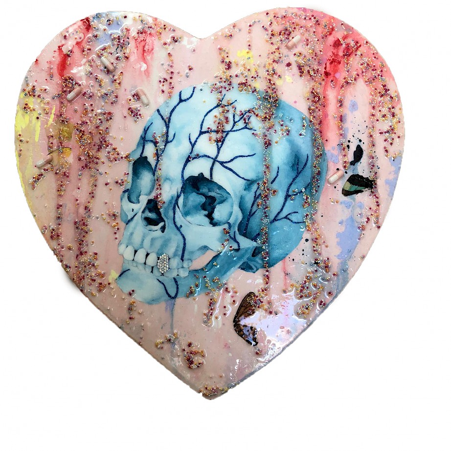 'California Dream House' (acrylic, resin, sugar sprinkles, butterflies, pills on 40 x 40 cm canvas)