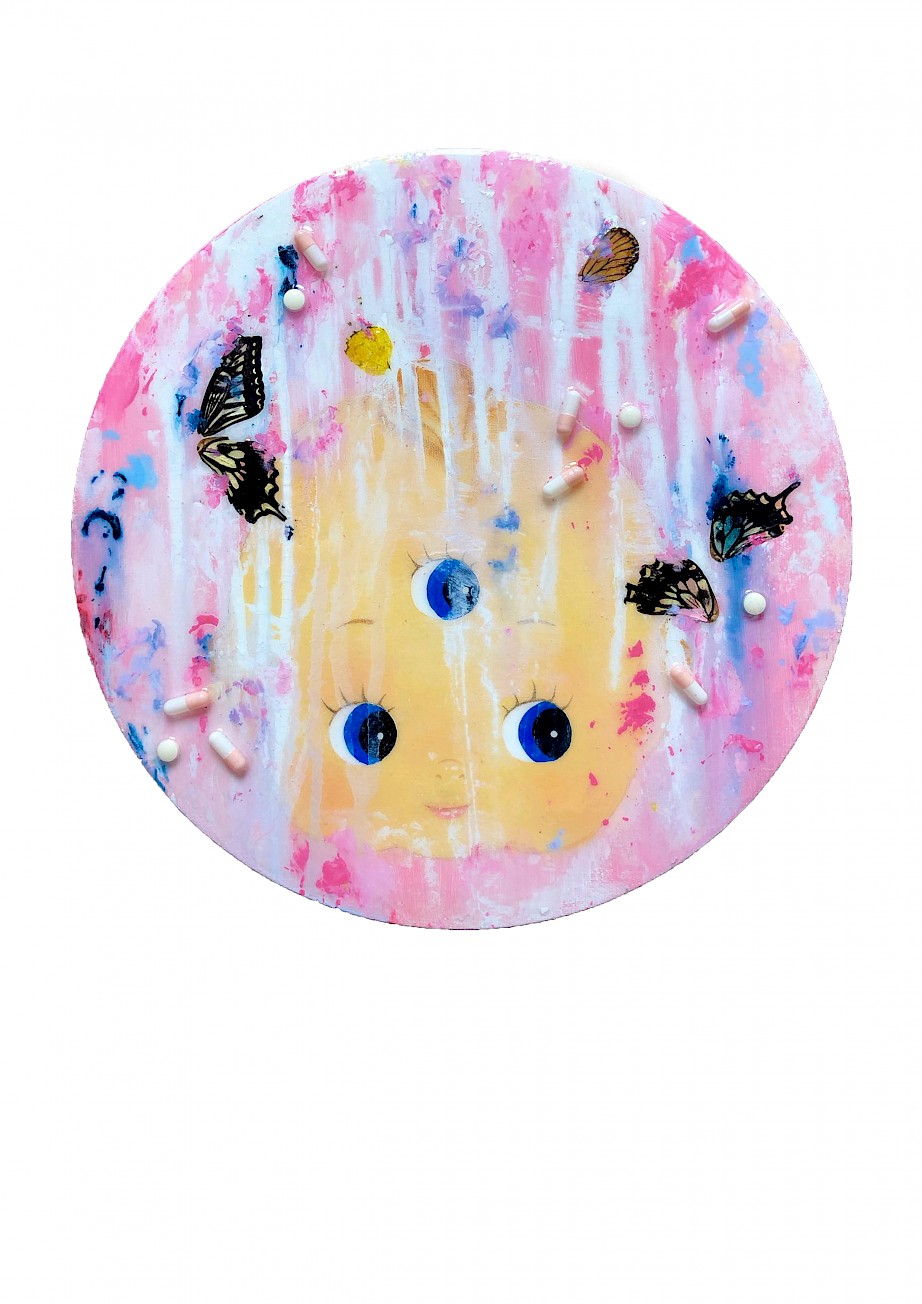 'KewPie' (acrylic, resin, butterflies, pills on 45 x 45 cm canvas)