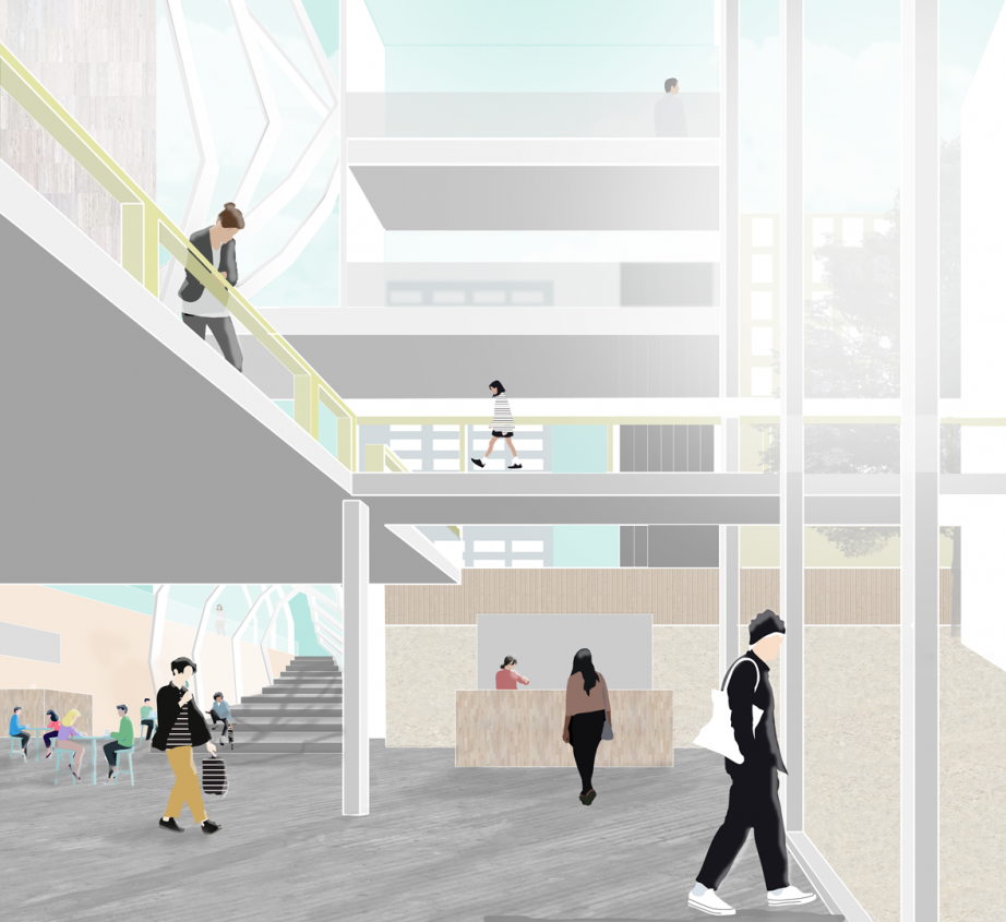 An interior visualisation of how this space is experienced in the entrance. The landmark atrium feature can also be seen, as well as the multiple height levels produced by the bridge and mezzanine.