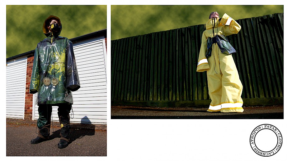 Mighty Minuscule Organisms- Outfit 3 (Waterproof Coat (with print designed by studying Petri dishes) and 'Spores' Trousers) and Outfit 4 (Hazmat Suit with High Protective Neck, Matching Trousers & Shirt and Pocket Bag Belt)