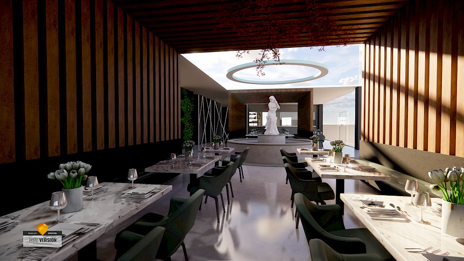 The Mile Green Hotel. Restaurant Render created using SketchUp and Enscape.