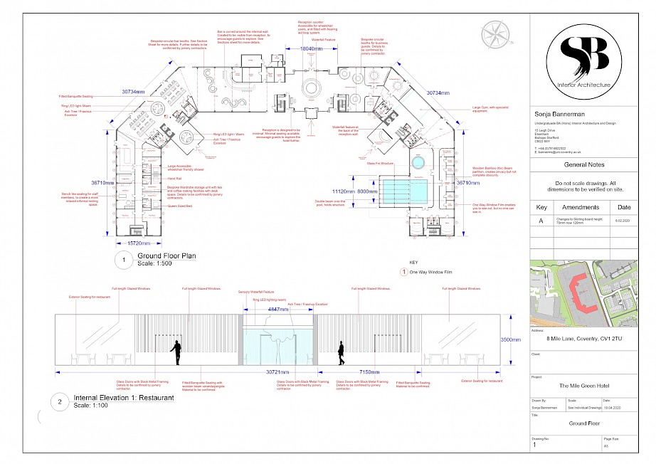 The Mile Green Hotel. Ground Floor Technical Plan created in Vectorworks.