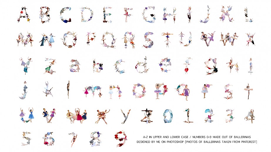 Created on photoshop, the image above shows the alphabet and numbers designed by using ballerinas, which are cut out from images to fit into each letter respectively.