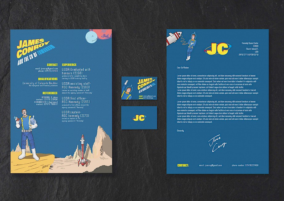 A branded collateral, tailored towards a fictional astronaut. Stylistically inspired by vintage science-fiction from the 1950s and 60s.