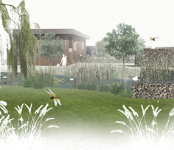 Perspective showing harmonious relationship between nature and proposed architecture, which both facilitate the sublimation of man's waste, and the thriving of biodiversity within Ryton Gardens