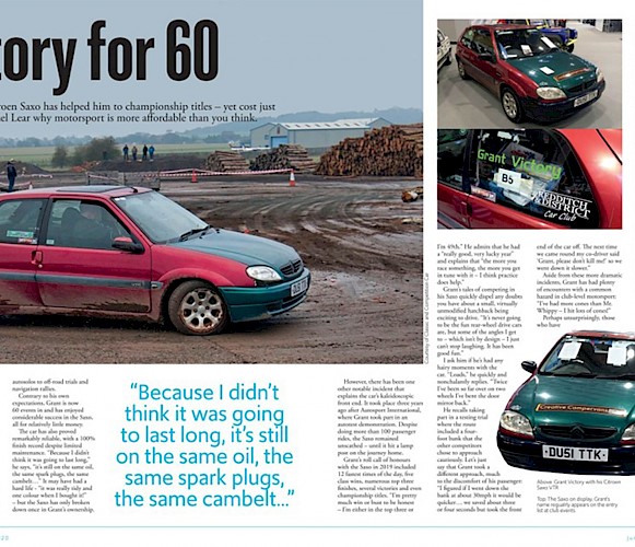 Magazine feature entitled 'Victory for 60' about a championship-winning competition car that cost just Â£60.