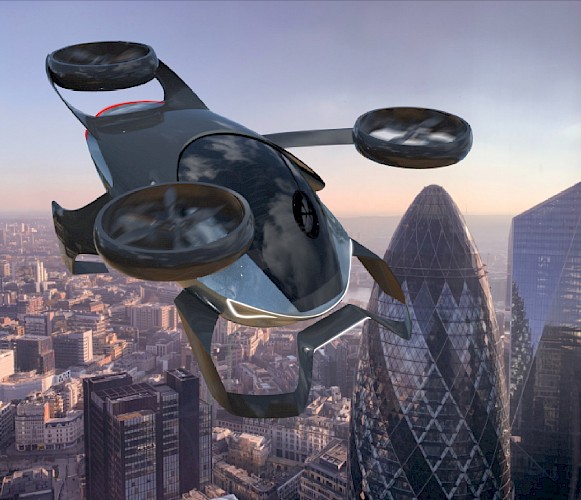 The flying vehicle in the city.
