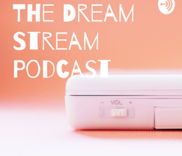 A pink nintendo in the foreground; gradient peach and white tone in the background; white text aligned to the left in a semi-bold font reading "The Dream Stream Podcast"; small white podcast icon in the top right corner.